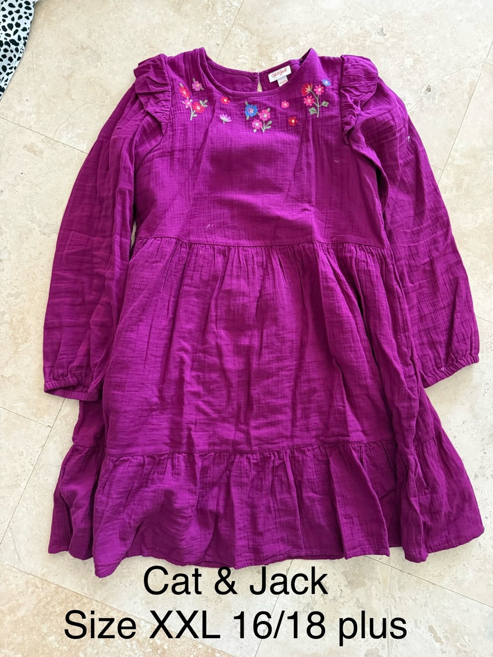 Cat & Jack Girls' Magenta Long-Sleeve Embroidered Tiered Dress
